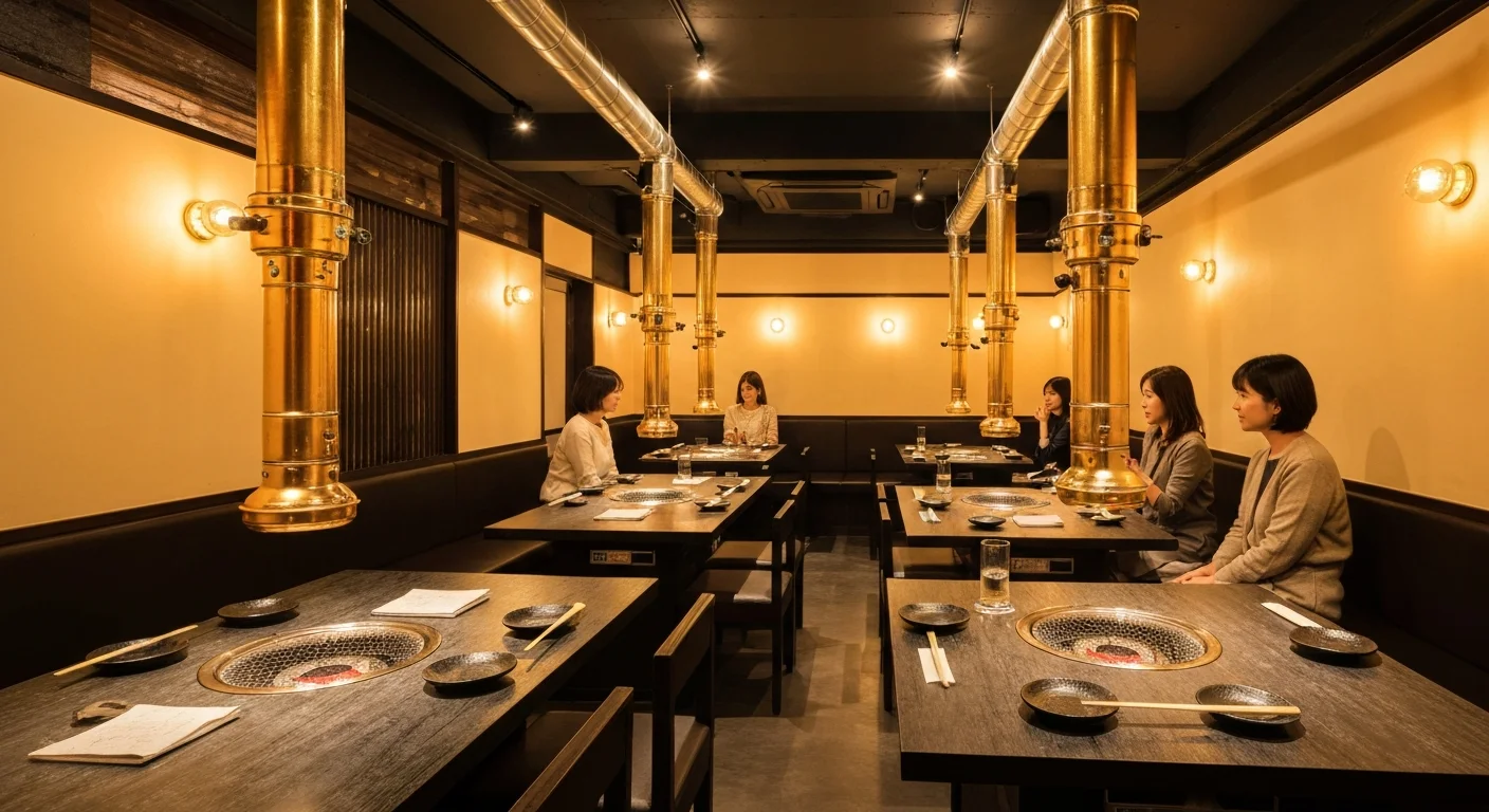 暖色の照明が落ちる店内全景と整えられた焼肉テーブル席を広く写した写真