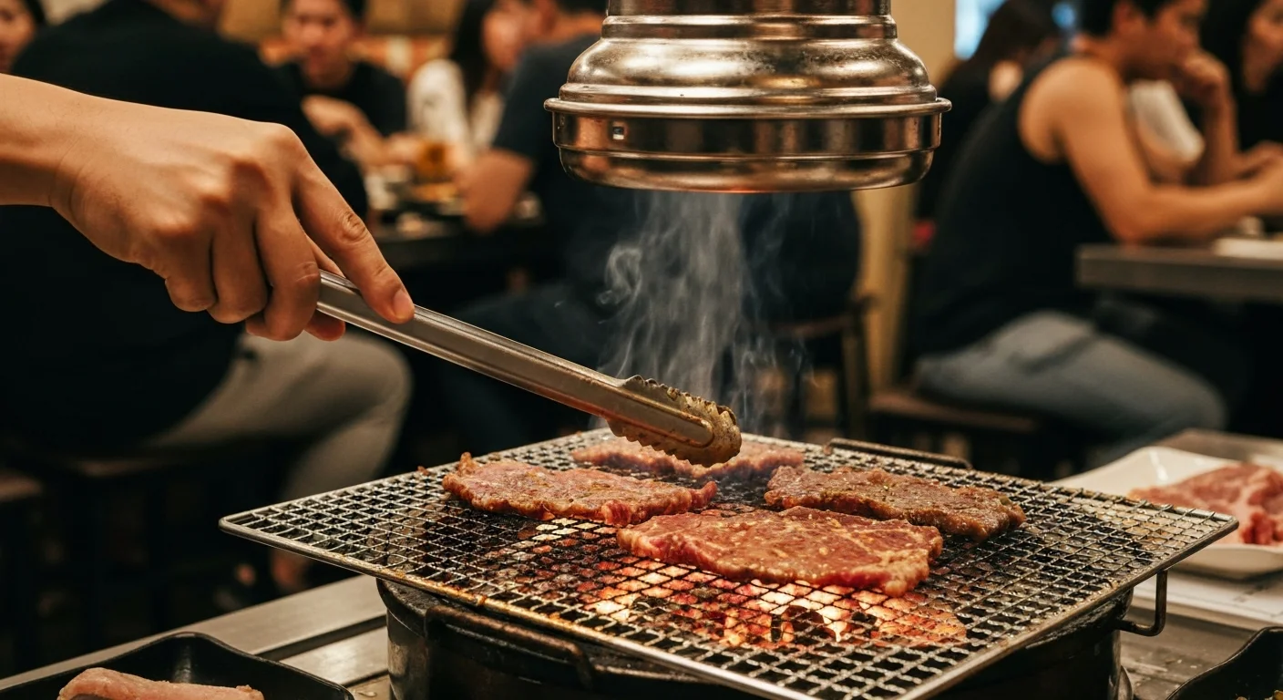 炭火の焼き網に肉をのせて焼き始める手元と立ちのぼる煙