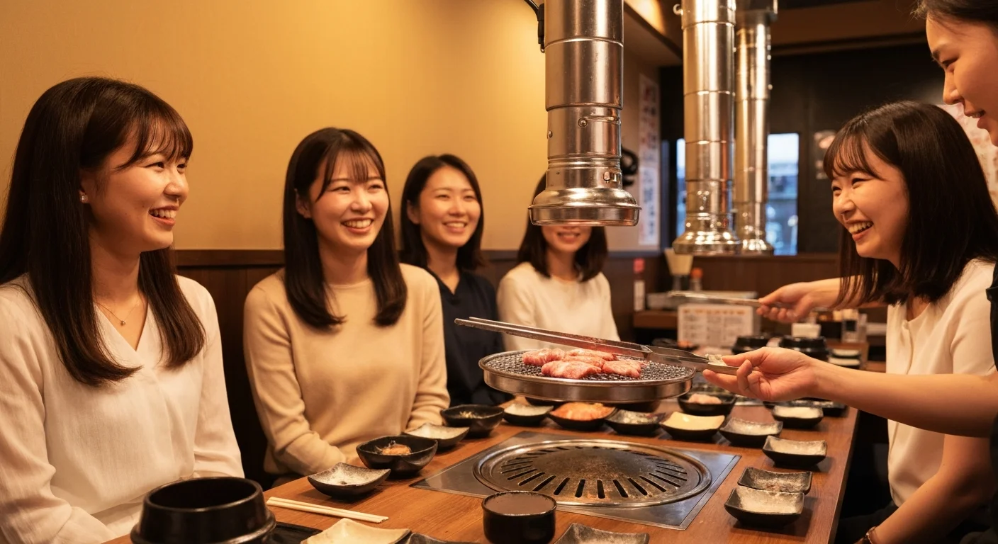 料理を運びながら卓の様子を見守る接客の場面