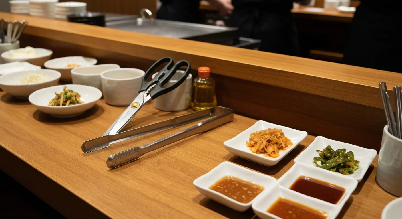 焼肉用のトングと炭火の道具、肉に添える素材が卓上に揃った場面