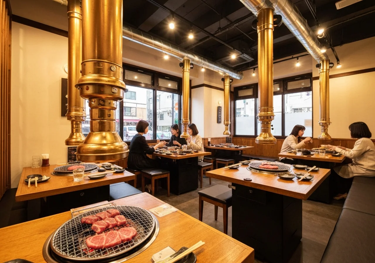 木のテーブル席と奥の照明が連なる店内を斜めから見た全景