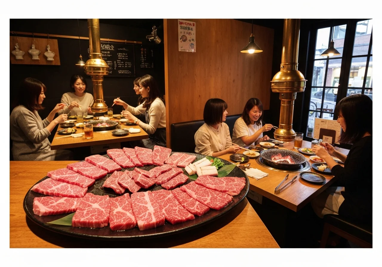焼肉用の肉が数種類並ぶ大皿を上から見た料理写真