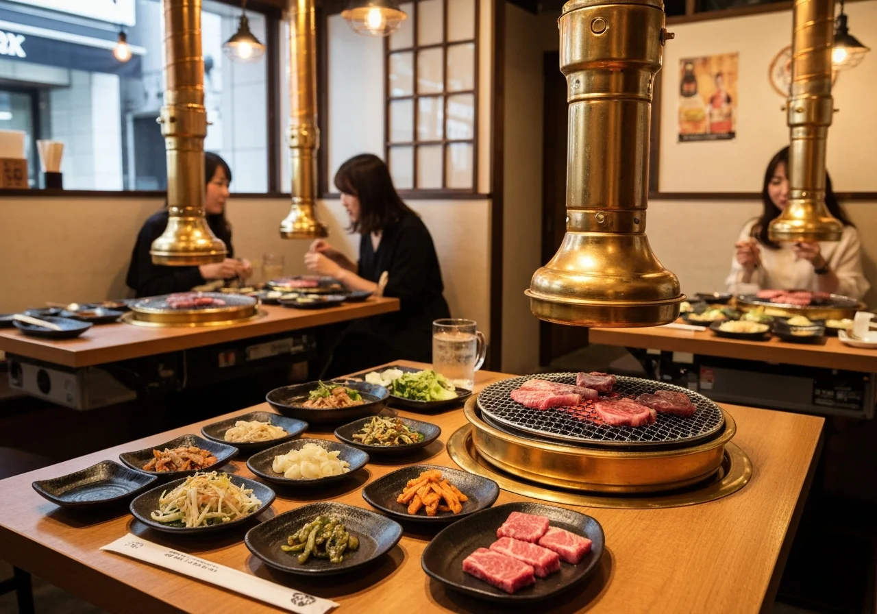 小鉢料理と飲み物が並び、焼肉の合間につまめる一品がそろった卓上