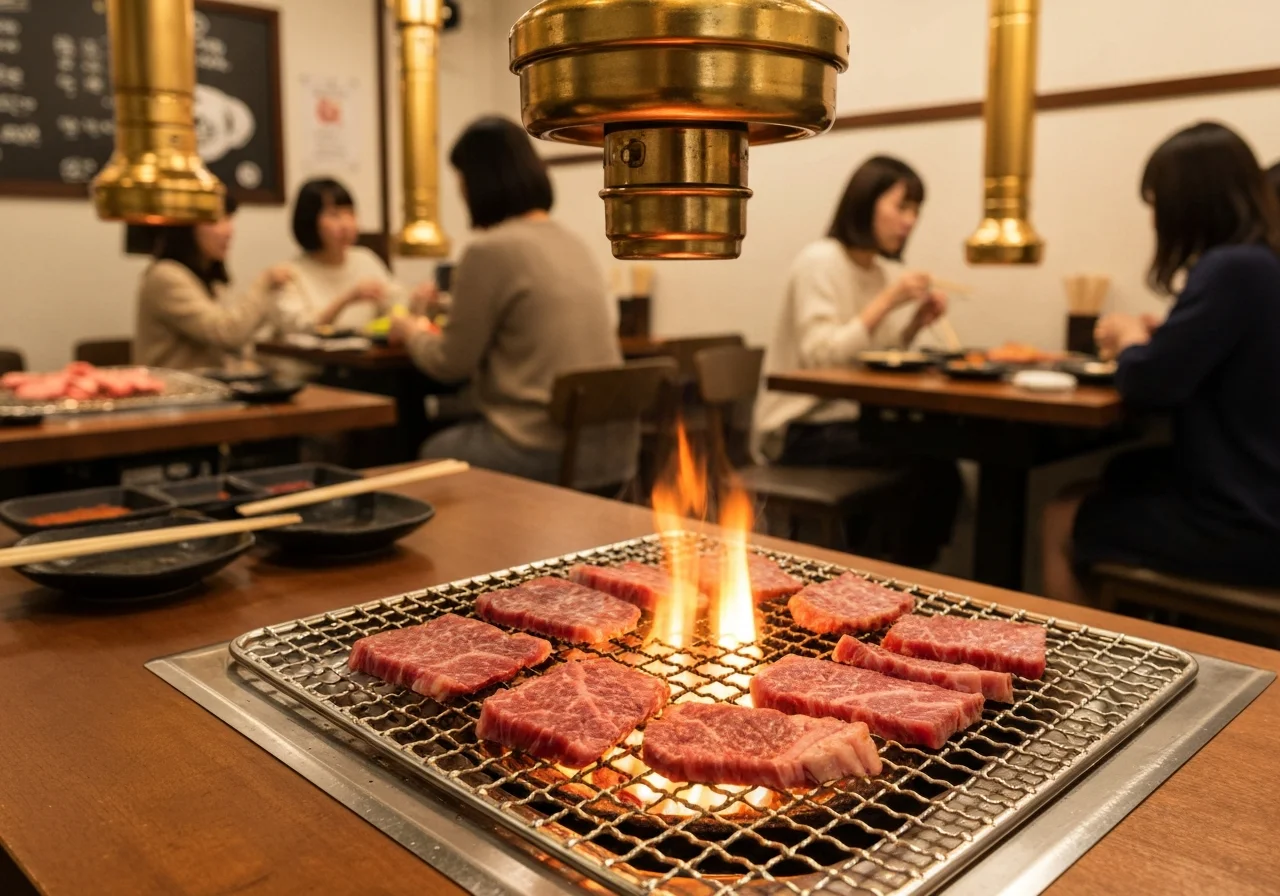 炭火の焼き網の上で薄切り肉が音を立てながら焼けている近距離の写真