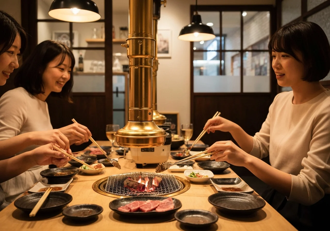 小皿と焼き網を囲みながら食事を楽しむ卓上の手元と料理