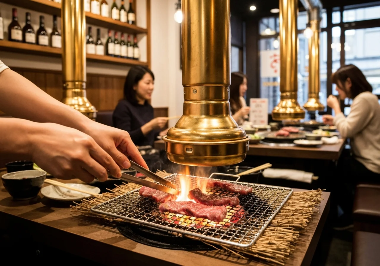 炭火の焼き網のそばで稲藁の香りをまとわせた肉を返す手元